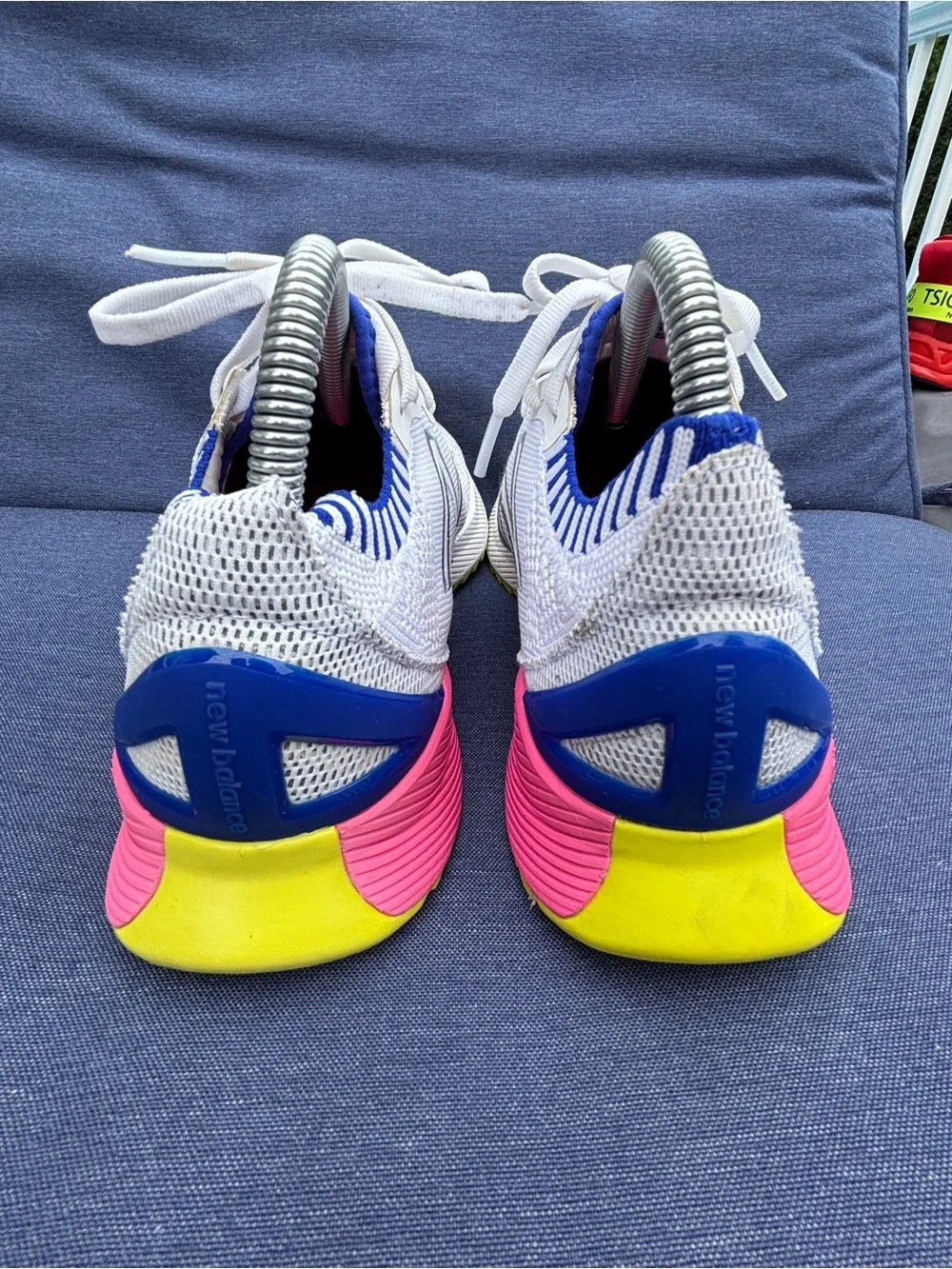 New Balance White Knit Sneakers with Pink, Blue & Yellow Accents